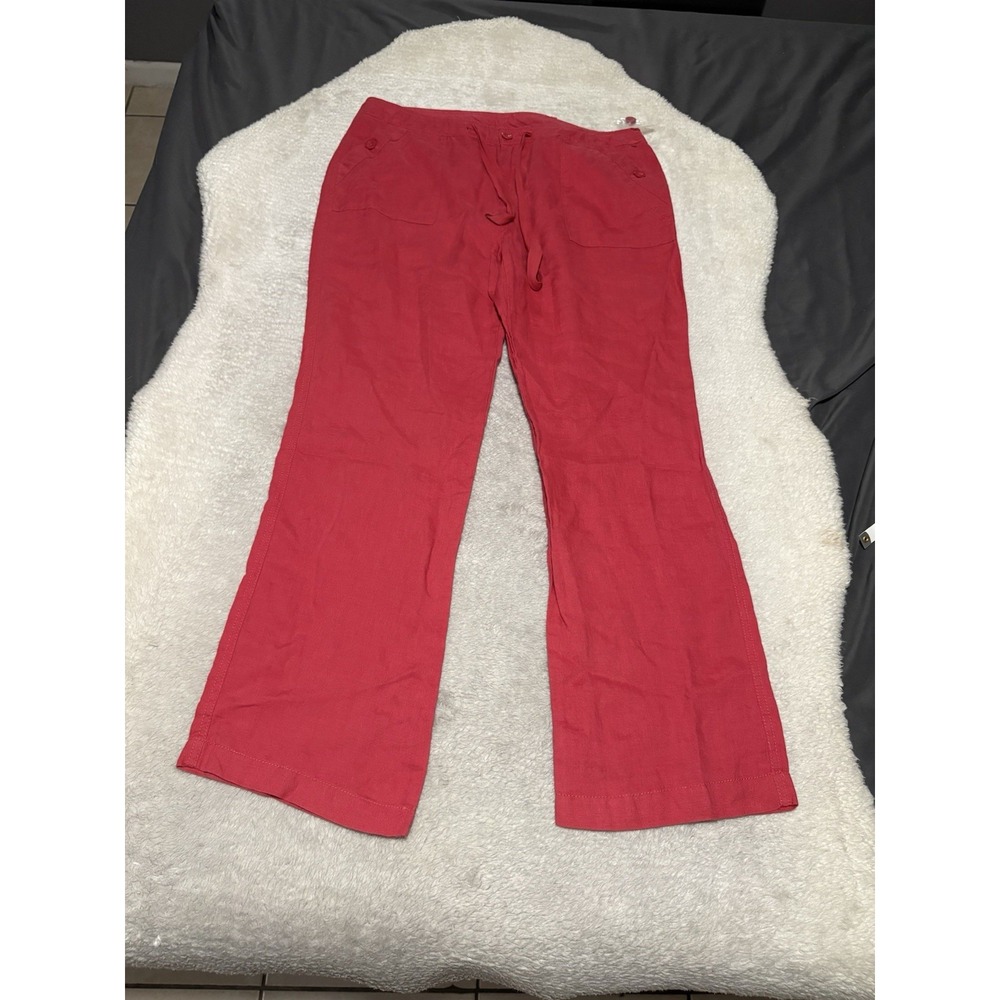 NWOT Cynthia Rowley Women's Red Linen Straight Pants Size 12 Button Drawstring